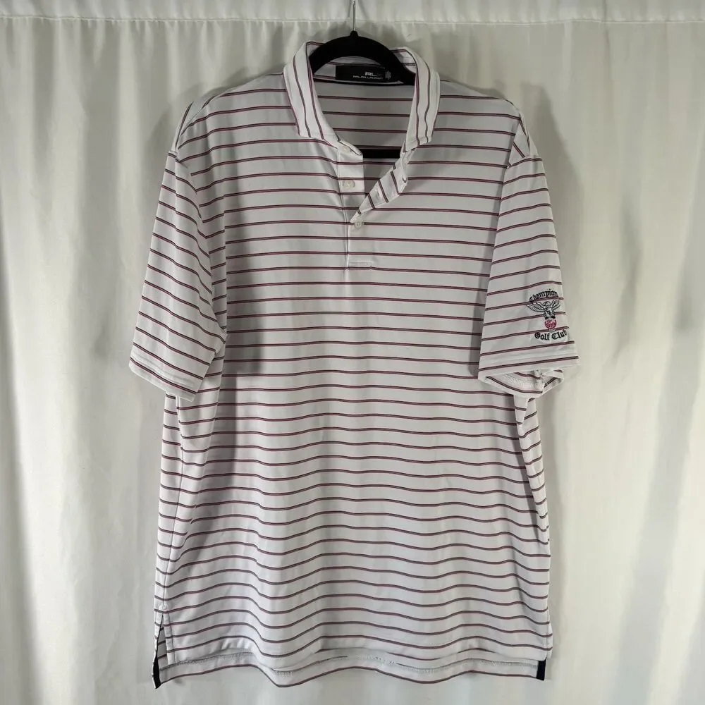RLX Ralph Lauren Golf Polo Men's Large Champion Golf Club White Striped Short Sl